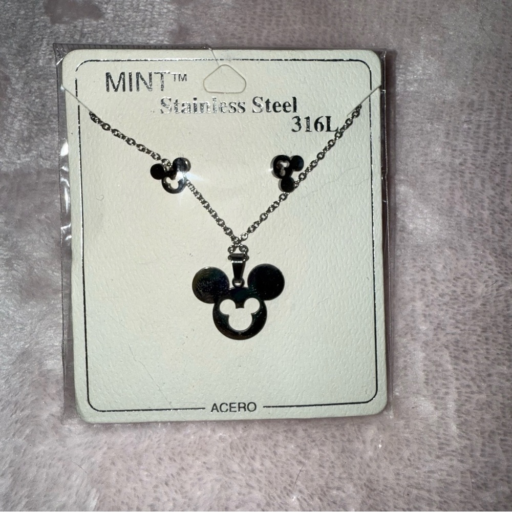 MINT double Mickey Head Disney earrings necklace Jewelry Set stainless steel